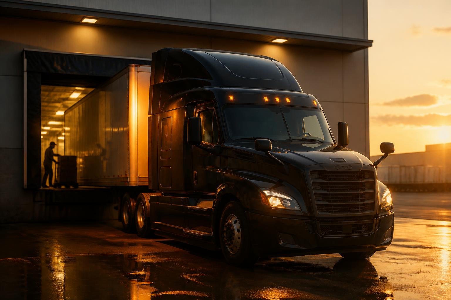 Freightliner at a distribution center loading dock at golden hour